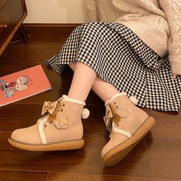 Boots Snow Women Kid Suede Leather Lace Up Bow Ankle Warm Plush Wool Ladies Winter Fur Shoes Keep Comfortable 230905