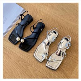 Sandals Maxdutti 2023 French Retro Fashion Blogger Henuine Leather Silver Square Toe Pearl Roman Temperament Shoes Women