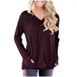 Women's T Shirts Fashion T-shirt Casual V Neck Long Sleeve Tee Solid Color Pocket Tops Ladies Loose Blouse Autumn Female Clothing