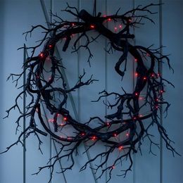 Christmas Decorations Halloween Black Twig Wreath With Red LED Light Front Door Hanging Wreathes Festivals Party Decor Wreathe Home Window Decorations 230905