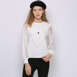 Women's Sweaters Spring Fall Net Yarn Stitching Long Sleeve Knitted Pullover Sweater Women Tops Thin Lace O-neck Shirts Outerwear T20681