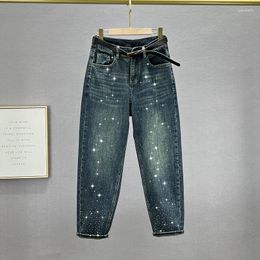 Women's Jeans Rhinestone Denim Baggy Pants Clothing 2023 Autumn Stretch Loose Harem Girls Casual Wash Jean