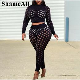 Women's Plus Size Tracksuits Sexy Hollow Out 2 Two Piece Sets 4XL Long Sleeve Crop Top See Through Hipster Legging Night Club Outfis Bodycon Co Ord 230905