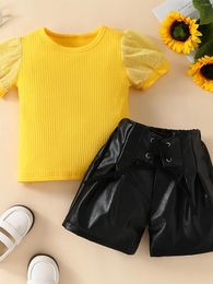 Clothing Sets Listenwind 1-6Y Toddler Girl 2Pcs Summer Casual Outfits Mesh Yellow Short Sleeve Ribbed Tops Leather Shorts Set Kid Clothes