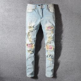 Men's jeans retro light blue ripped jeans pink patch stitching slim pencil pants215S