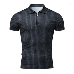 Men's Polos 2023 Summer Casual Slim Fashion British Short Sleeve Striped Zipper Lapel T-Shirt Top Polo Shirt