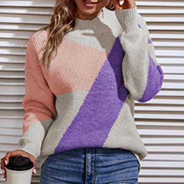 Women's Sweaters Women Fashion Sweater Tops 2023 Autumn Winter Knit Loose Color Contrast Round Neck Long Sleeve Pullover