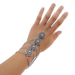 Link Bracelets Boho Ethnic Vintage Silver Gossip Pattern Carved Flower Pendant Bracelet Gypsy Tribal Charm Hand Femme Jewellery