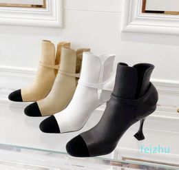 Women Ankle Boots Top Quality Leather Velvet Patchwork Metal Letter Buckle Decoration Heels Shoes Sexy Stiletto Ladies Short Booties