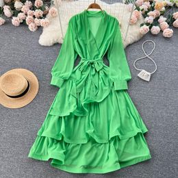 Autumn Women A Line Yellow Casual Dresses Hollow Out Midi Dress Elegant V-Neck Puff Short Sleeve High Waist Party Robe Female Vest249m