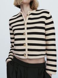 Women's Jackets Women Single Breasted Striped Cardigan Jacket O-Neck Long Sleeve Casual Slim Short Knitted Coat for Ladies Spring 230906