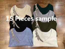 Women's Sweaters 15 Pieces Sample Diamond Beading Cashmere Woolen Sweater Knitted Warm Pants Suit Two-pieces For Wholesale