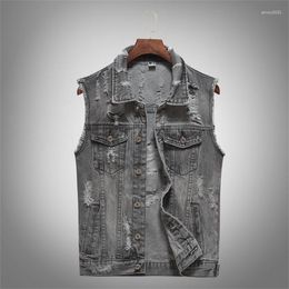 Men's Vests 2023 Spring/Summer Autumn Denim Vest Gray Youth Ripped Motorcycle