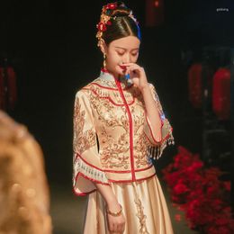 Ethnic Clothing Vintage Formal Champagne Gold Dress Chinese Bride Sequins Beading Tassels Cheongsam Elegant Wedding Oriental Toast Clothin