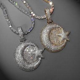 Pendant Necklaces Bling Hip Hop Moon And Star With Tennis Chain Luxury Full Cubic Zirconia Necklace For Men Women Gifts