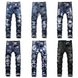 Mens Cool Rips Stretch Designer Jeans Distressed Ripped Biker Slim Fit Washed Motorcycle Denim Men s Hip Hop Fashion Man Pants T10254t