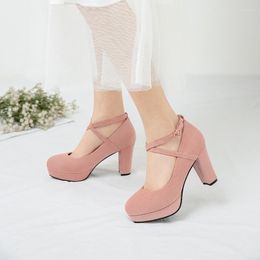 Dress Shoes YQBTDL Concise Platform Cross Strappy Flock Pumps For Womens Sexy Black High Heels Party Office Ladies Pink 2023