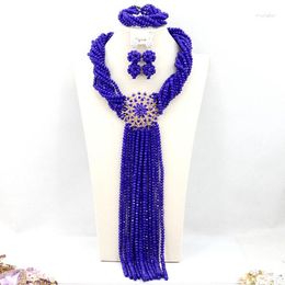 Necklace Earrings Set Nigerian Wedding African Beads Jewelry Royal Blue Crystal Costume AMJ543