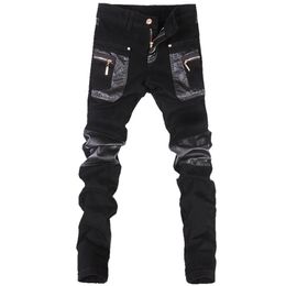 Whole- Korean style cool fashion Mens punk pants with leather zippers Black Colour Tight skenny Plus size 33 34 36 Rock trouser319A