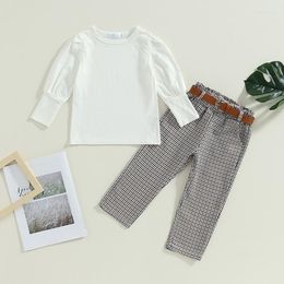 Clothing Sets Listenwind Kids Girl Spring Outfits Solid Color Rib Knit Crew Neck Long Sleeve Tops Plaid Pants Waistbelt 3Pcs Clothes Set