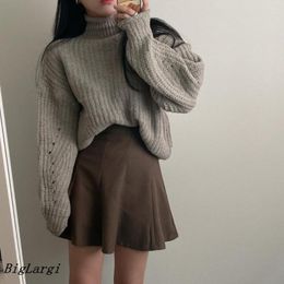 Women's Sweaters Knitted Solid Hollow Out Pullover Sweater Women Casual Loose Autumn Office Korean Chic Puff Sleeve Ladies