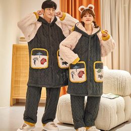 Women's Sleepwear Winter Thick Home Clothing For Couple Warm Flannel Pajamas Set Hooded 3 Layer Cotton