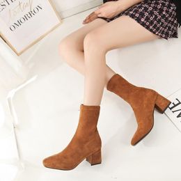 Boots Big Size 9 10 11 12 Suede Square-headed Thick-heeled Straight-barrel