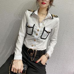 Women's Blouses Streetwear Fashion Epaulet Shirt Spring Autumn Chic Single-breasted Clothing Solid Color Bright Line Decoration Blouse