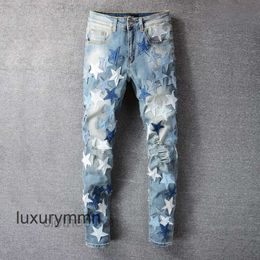 Jeans Amirrs Designer T Shirts 2023 Jean Casual Hip Hop Worn Out and Washed Splash Ink Colour Painting Slim Fit Men's JRPV
