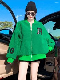 Women's Trench Coats Women Cute Fleece Jackets Autumn Winter Green Letter Printing O-neck Long Sleeve Coat Warm Thick Casual Cotton Outwears