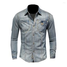 Men's Jackets Fashion Lapel Long Sleeve Denim Shirt Retro Slim Blue Motorcycle Style Streetwear Leisure Thin Coat