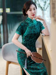 Ethnic Clothing Elegant Summer Slim Silk Green Cheongsam Catwalk Banquet Fashion Retro Luxury Qipao Chinese Style Evening Dress For Women