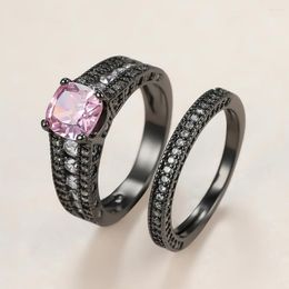 Wedding Rings Punk Female Pink Crystal Stone Ring Set Charm 14KT Black Gold For Women Dainty Bride Square Zircon Engagement