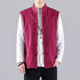 Men's Vests 2023Summer Autumn Men Chinese Style Vintage Linen Mens Sleeveless Hanfu Cardigan Male Harajuku Open Stitch Waistcoat