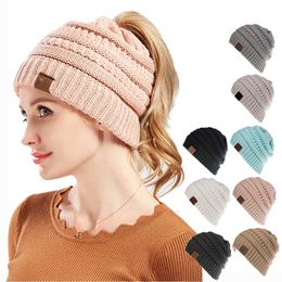 Ponytail Beanie for Women Winter Warm Beanie Tail Soft Stretch Cable Knit High Bun Hat Solid Colour White Black Pink Grey