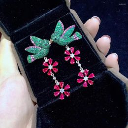 Dangle Earrings 925 Sterling Silver With Cubic Zircon Birds And Flower Drop Earring Green Color Red Mixed Fine Women Jewelry For Party