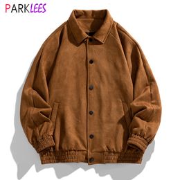 Mens Jackets Vintage Faux Suede Varsity Bomber Jacket Casual Turn Down Colar Flight Leather Trucker Coat Chaquetas Hombre 230905