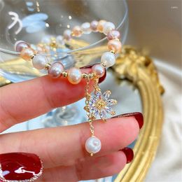 Charm Bracelets Cute Female White Pearl Bracelet Bangle Luxury Yellow Gold Colour Flower Snowflake Big Round Wedding For Women