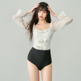 Women's Swimwear One Piece Tankinis Summer Korean Swimsuit Ladies Black White Transparent Layer Skirt Mesh Long Sleeve Bathing Suit