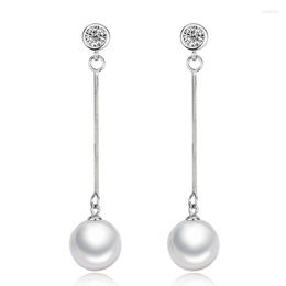 Dangle Earrings Fashion Cute Ear Wire Silver Colour Female Austrian Crystal Long Drop Pearl Jewellery Brincos