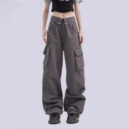Women's Pants Y2K Fashion Cargo Streetwear Solid Pockets High Waist Joggers Trousers Casual Drawstring Wide Leg Women Sweatpants