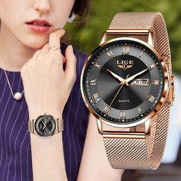 Wristwatches LIGE Women Watch Bracelet Quartz Clock Movement Simple Waterproof Rose Gold Stainless Steel Mesh Ladies Watches Relogio Feminino 230905