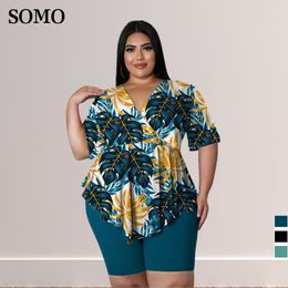 Women's Plus Size Tracksuits bohemia printed sexy outfits plus size women clothing v neck top short pant suits summer two piece set Wholesale Drop 230906