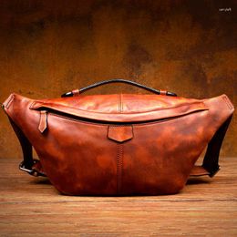 Waist Bags Men's Soft Handmake Distressed Cognac Leather Sling Shoulder Bag Male Crossbody For Men Moto Biker Travel Chest Fanny Pack