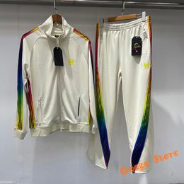 Men's Tracksuits Men Women 1 Casual Needles AWGE Set Autumn Quick Dry Butterfly Embroidery Rainbow Ribbon Zipper Pants Jackets Jogger Suit 230906