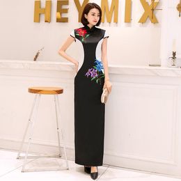 Ethnic Clothing Satin Cheongsam Female Size 3XL -5XL Embroider Qipao Traditional Chinese Party Prom Dress Gown Vintage Collar Vestidos