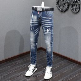 Men's Jeans Street Fashion Men Retro Washed Blue Elastic Stretch Slim Fit Ripped Painted Designer Vintage Denim Pants Hombre