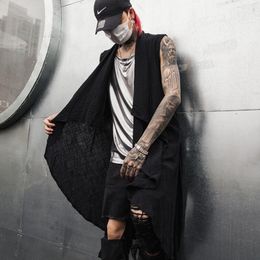 Men's Vests Spring summer men cotton linen punk hiphop long vest cloak sleeveless cape nightclub singer stage costume chaleco hombre 230905