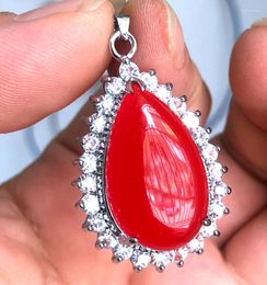 Pendant Necklaces Silver Plate RED JADE Cabochon Diamond Imitation With Chain 15x25mm