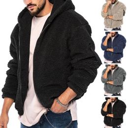 Men's Jackets Casual Men Autumn Winter Coat Thick Double-sided Fleece Solid Colour Hooded Loose Zip Up Long Sleeve Pockets Jacket Streetwear